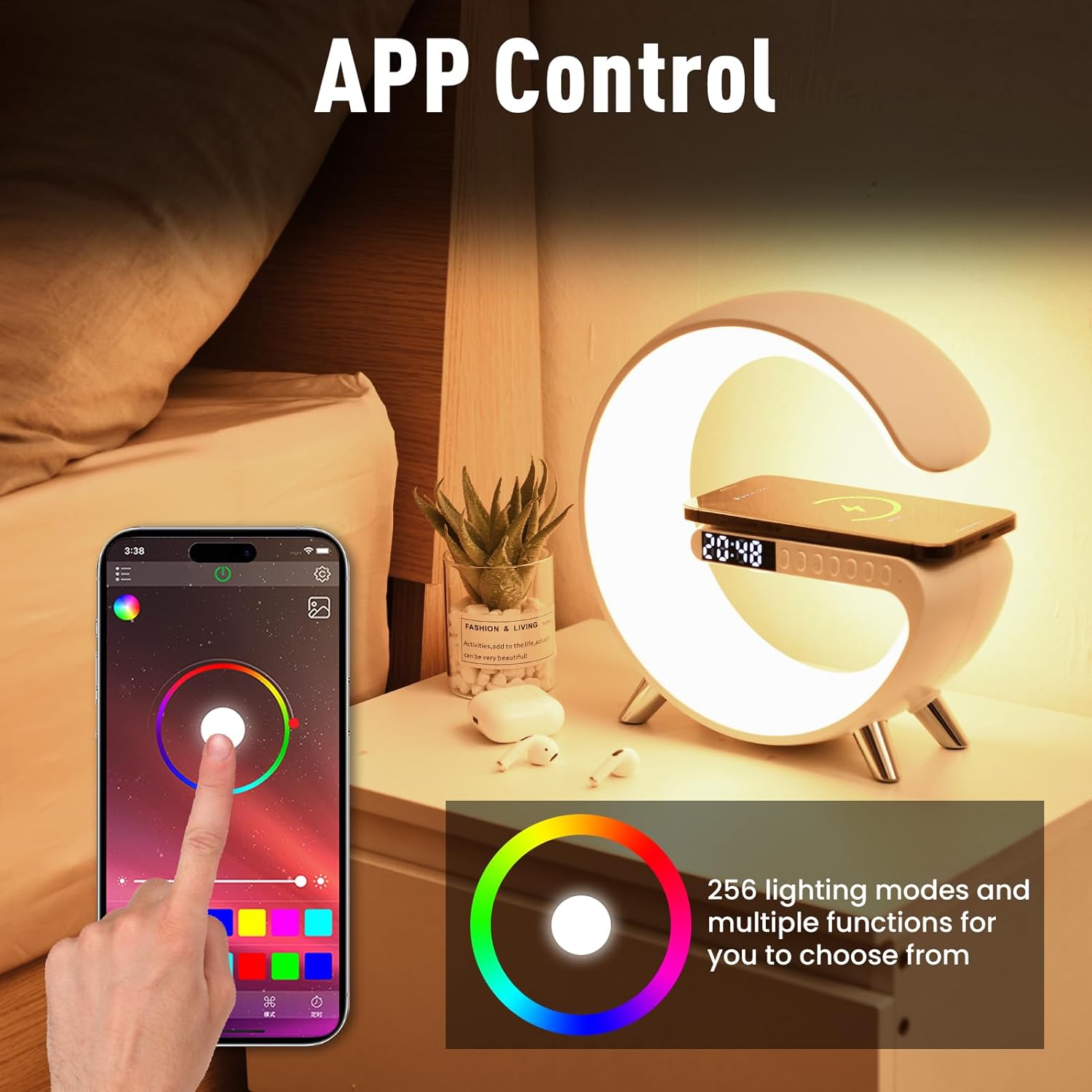 Wireless Charger Atmosphere Lamp, Portable LED Bluetooth Speaker Wireless Charger with Desk Lamp Bedside RGB Night Light, App Control Mini Music Lamp